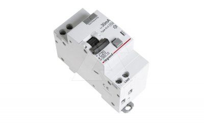 Дифф. авт. выключатель Legrand RX3, электронный, 1P+N, 20A, хар-ка C, 6kA, 30mA, тип AC, 2M