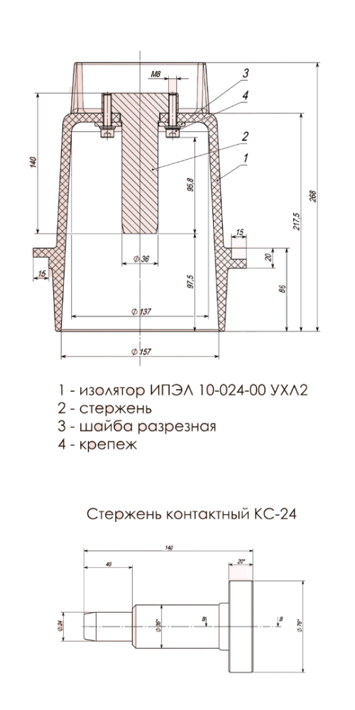 Полимерный изолятор проходной 10 кВ ИПЭЛС 10-024-00 УХЛ2 в сборе со стержнем