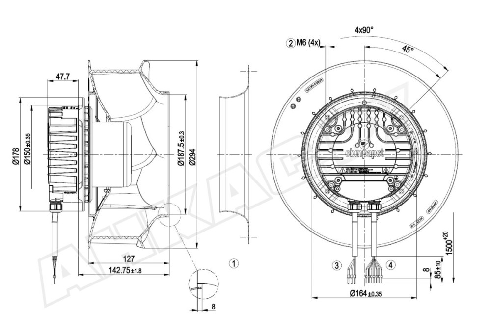 Центробежный вентилятор Ebmpapst R3G280RR10P1
