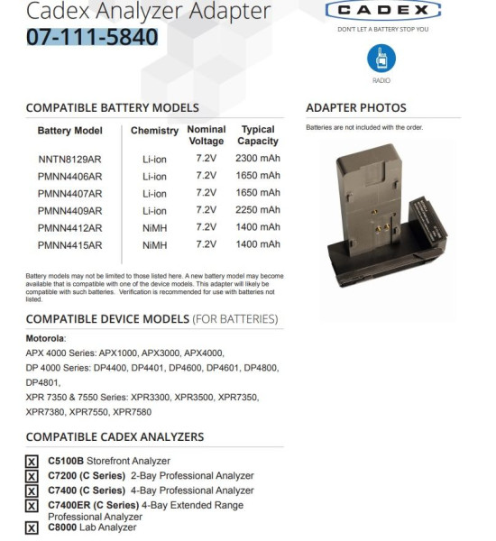 07-111-5840 Адаптер Cadex для Motorola APX 4000 DP 4000 XPR 7350 & 7550