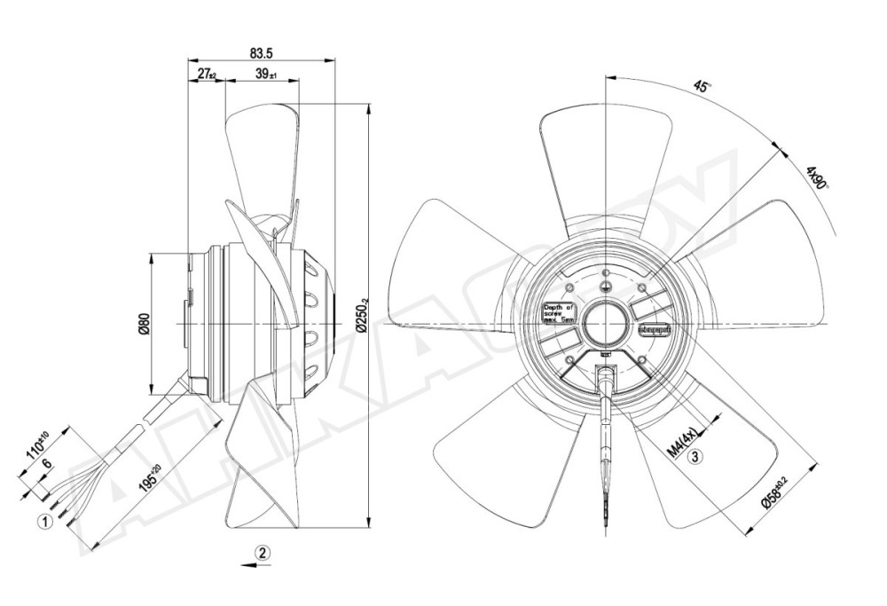 Вентилятор осевой промышленный Ebmpapst A2E250AE6555