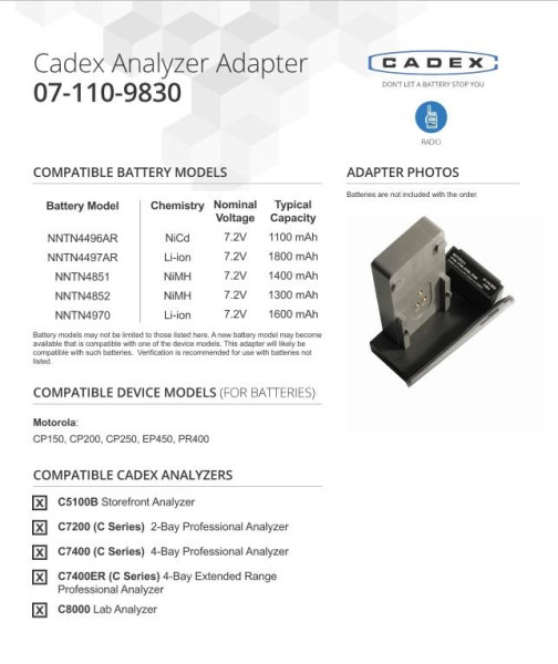 07-110-9830 Адаптер Cadex для Motorola CP040 & DP1400 batteries (CP150, CP200, CP250, EP450, PR400)